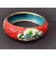 ♥ ANTICO BRACCIALE IN LACCA CINESE E CLOISONNE INTAGLIATO ROSSO DECORO FLOREALE