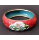 ♥ ANTICO BRACCIALE IN LACCA CINESE E CLOISONNE INTAGLIATO ROSSO DECORO FLOREALE