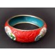 ♥ ANTICO BRACCIALE IN LACCA CINESE E CLOISONNE INTAGLIATO ROSSO DECORO FLOREALE