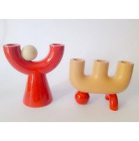 ♥ COPPIA PORTACANDELE VASI STILE POP ART SPACE AGE ARANCIONE CANDELIERI CERAMICA