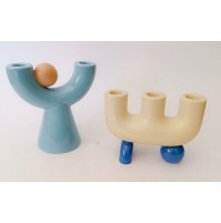 ♥ COPPIA PORTACANDELE VASI STILE POP ART SPACE AGE AZZURRO CANDELIERI CERAMICA