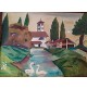 ♥ QUADRO OLIO SU TAVOLA VINTAGE ANTICO ANNI 30 CORNICE COEVA PAPERE PAESAGGIO