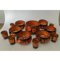 ♥ SET KHOKHLOMA MADE IN URSS COPPA 6 COPPETTE 6 BICCHIERI IN LEGNO NERO ARANCIO