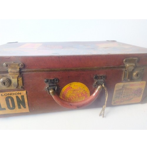 ♥ VALIGIA VINTAGE SUITCASE ADESIVI HOTEL MIDCENTURY DESIGN ANNI 50 quadra  baule