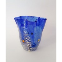 ♥ VASO IN VETRO DI MURANO FAZZOLETTO DESIGN CARLO NASON CON MURRINE BLU VINTAGE